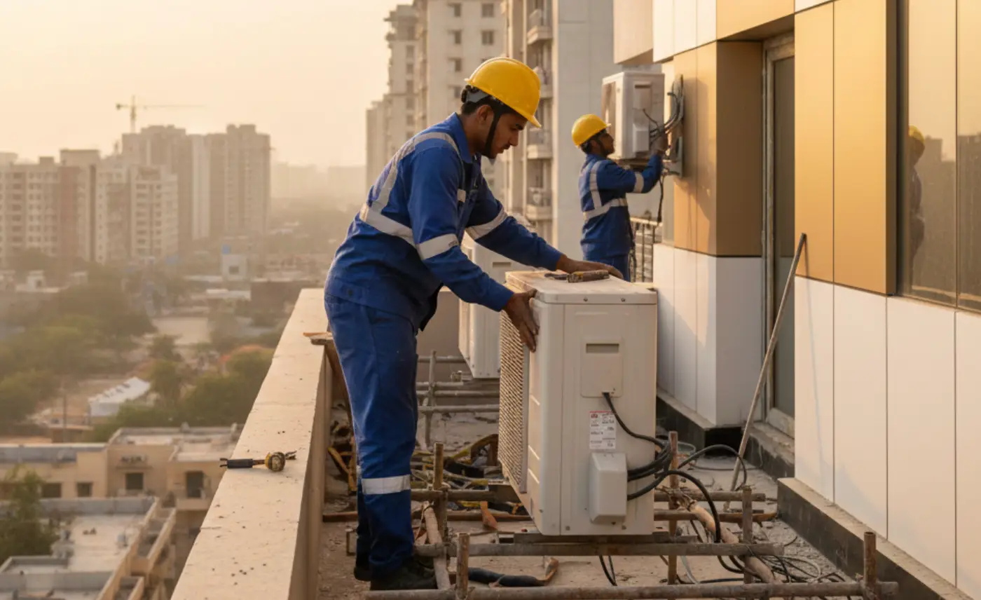 Technicians relocating split AC outdoor unit between Gurgaon locations