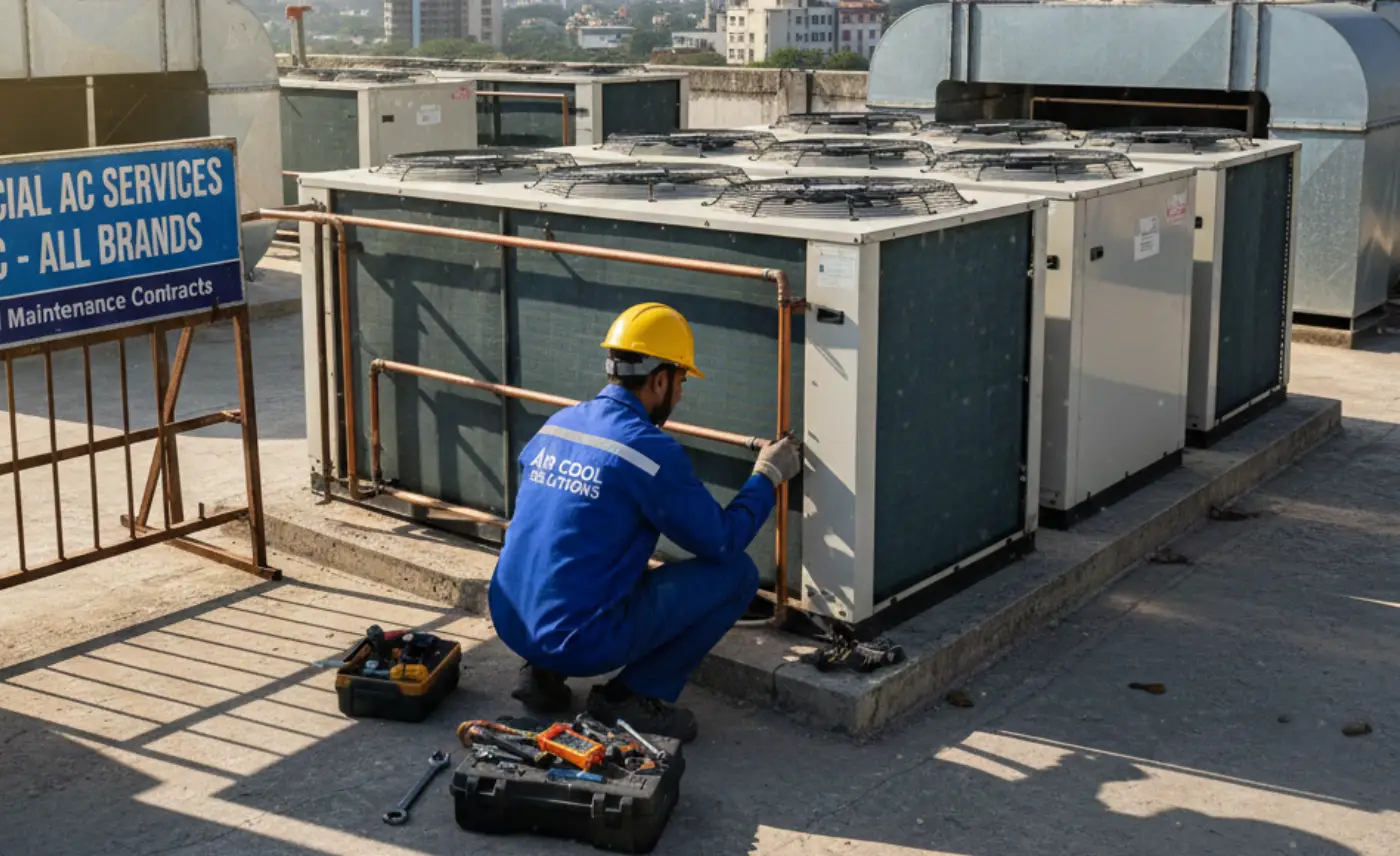 Technician servicing large commercial outdoor AC units in Gurgaon