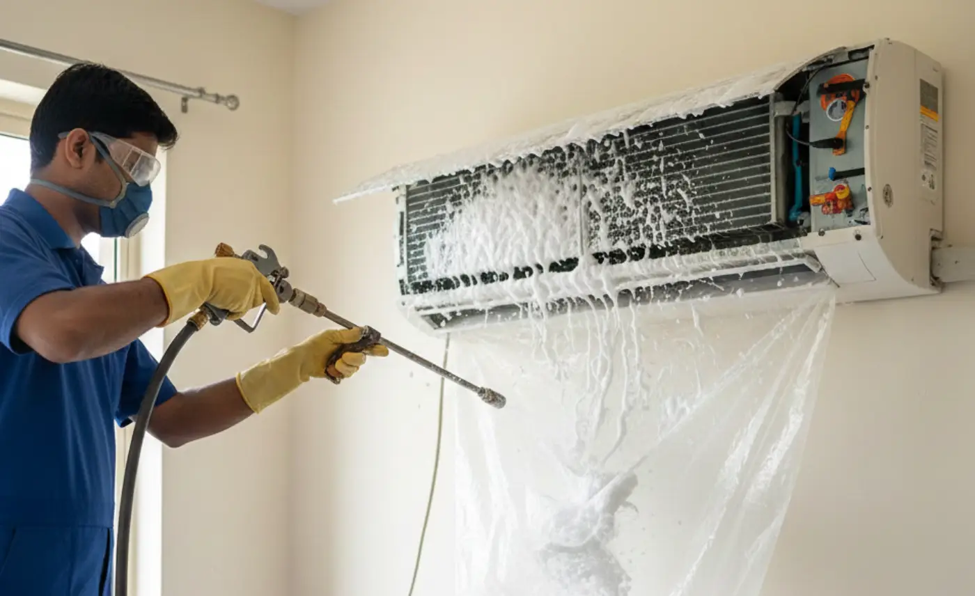 Foam wash cleaning of split AC indoor unit coil in Gurgaon