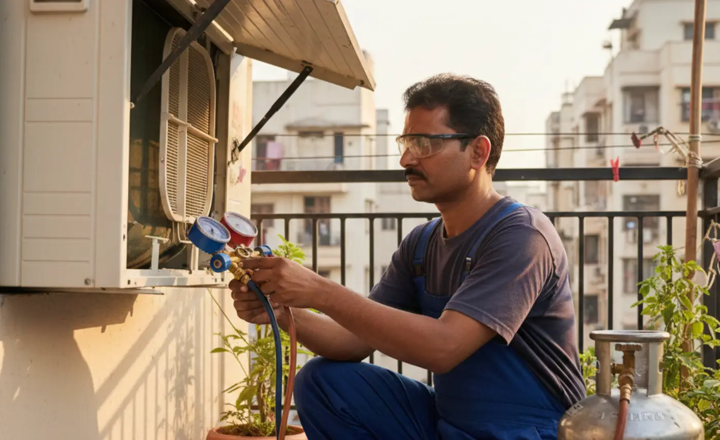AC technician in Gurgaon checking gas pressure with manifold gauge