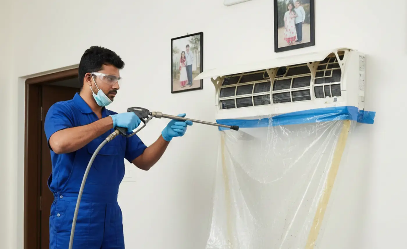 Technician jet cleaning split AC indoor unit in Gurgaon
