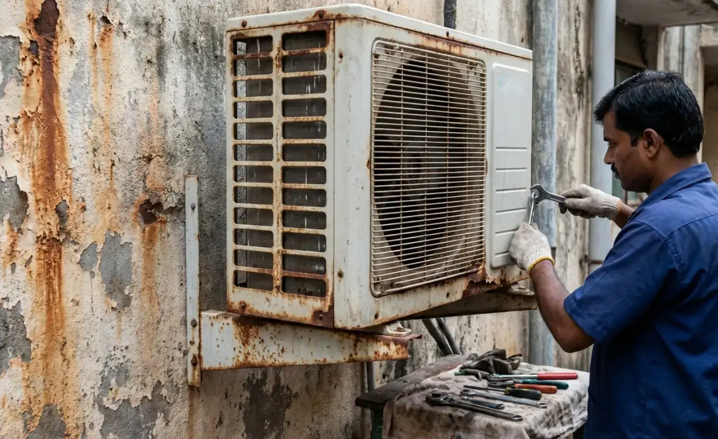 Technician applying rustproof coating on outdoor AC unit in Gurgaon