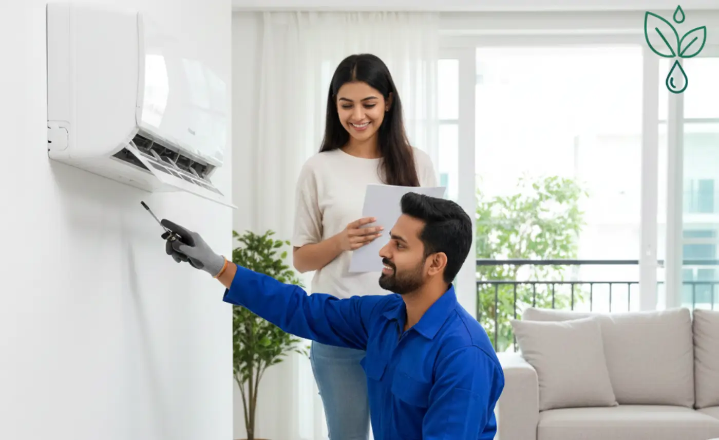 AC technician with toolkit standing near wall mounted AC in Gurgaon
