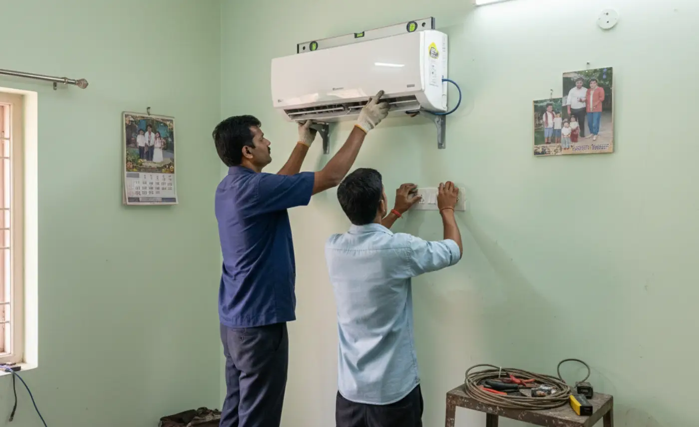 Technician installing split AC indoor unit on wall in Gurgaon home