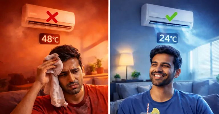 Split screen image showing a sweaty uncomfortable man on the left with 7 red warning icons representing AC problems like no cooling, water leakage, noise, high bills, dirty filters, low gas, and electrical issues, compared to a relaxed happy man enjoying cool air after affordable AC repair in Gurgaon on the right.