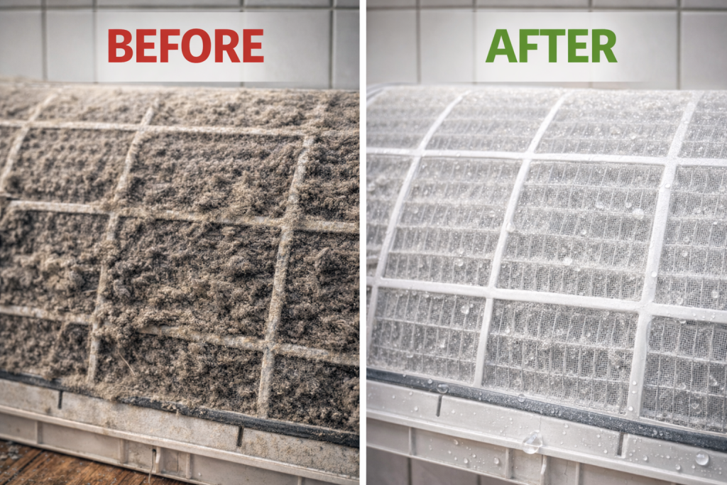 Side by side comparison showing a dirty grey AC filter before cleaning labeled BEFORE in red, and a clean white filter after professional cleaning labeled AFTER in green, demonstrating affordable AC maintenance in Gurgaon.