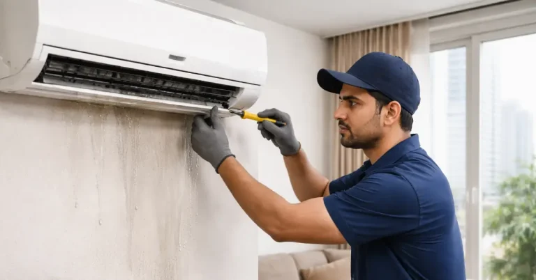 AC technician fixing leaking air conditioner water issue