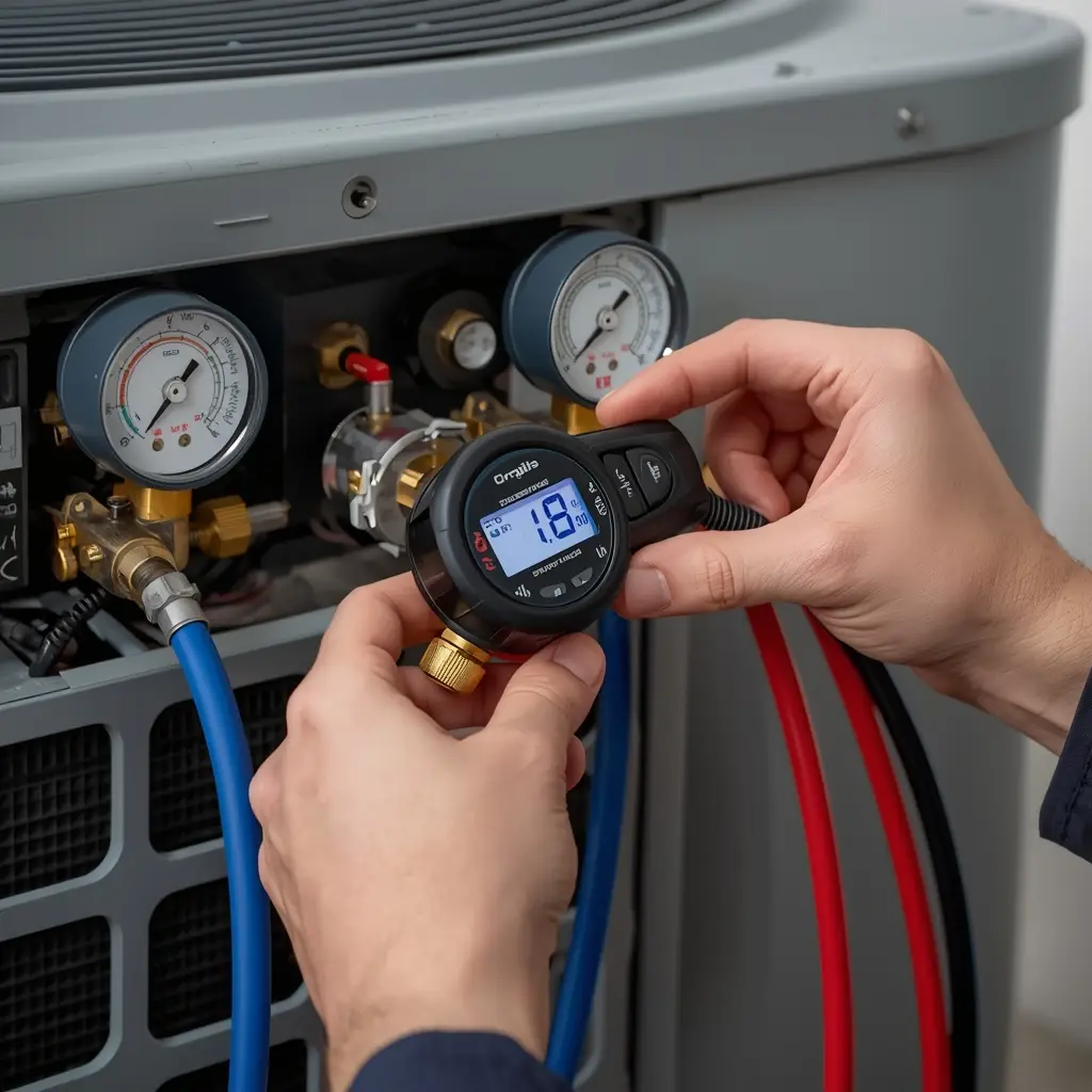 7 Easy AC Leaking Water Fixes You Can Do Today 3 Professional HVAC technician using digital manifold gauges to check low refrigerant pressure in AC unit