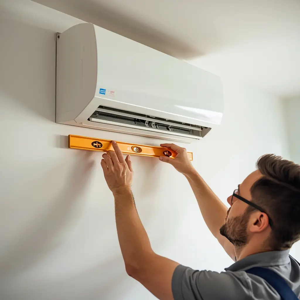 7 Easy AC Leaking Water Fixes You Can Do Today 5 Wall-mounted split AC unit with bubble level showing incorrect tilt causing water to pool inside