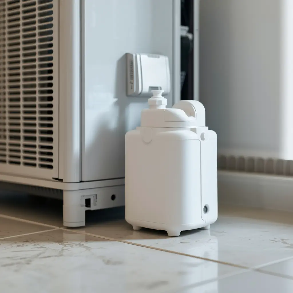 7 Easy AC Leaking Water Fixes You Can Do Today 4 Small white condensate pump for air conditioner with water mark showing pump failure