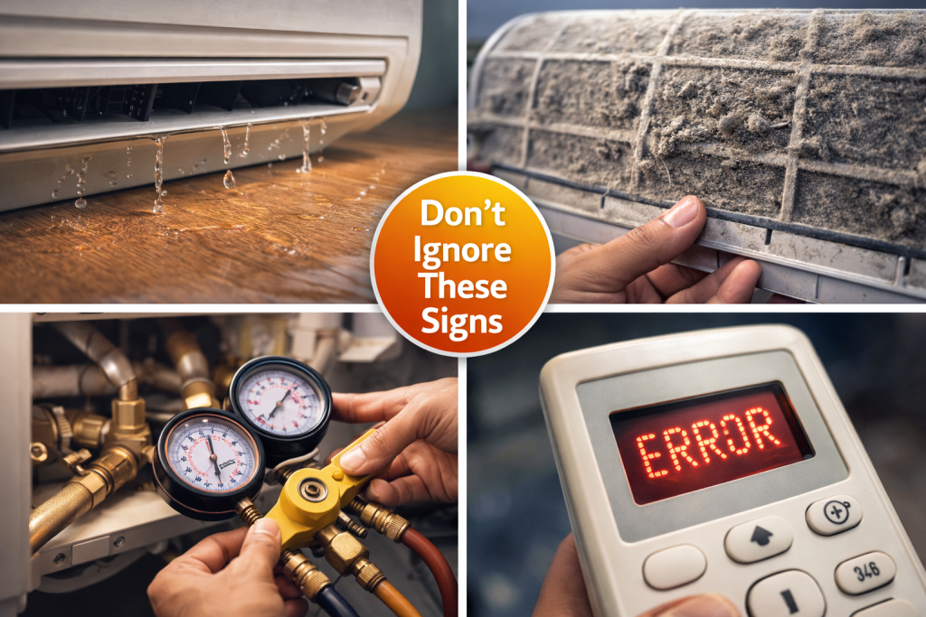 Collage showing four common AC problems requiring repair in Gurgaon: water leakage from AC unit, dirty clogged filter, technician checking gas pressure with gauge, and remote control showing error code.