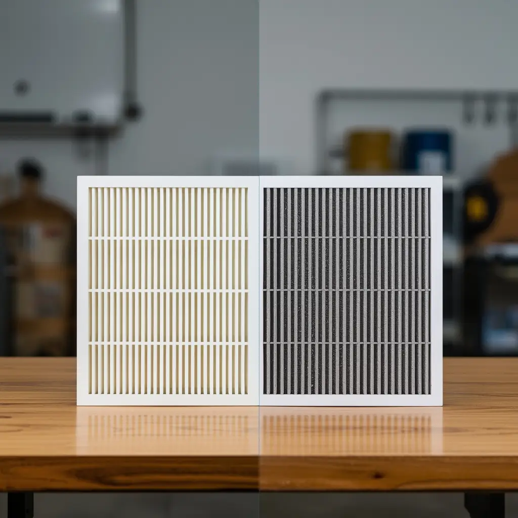 7 Easy AC Leaking Water Fixes You Can Do Today 2 Side by side comparison of clean white AC filter and dirty grey filter with dust accumulation