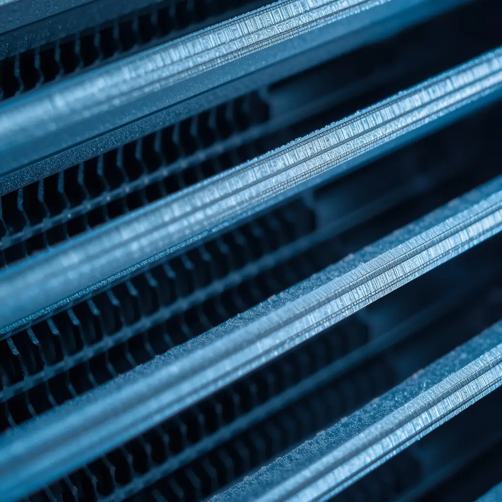 7 Easy AC Leaking Water Fixes You Can Do Today 6 Close-up of AC evaporator coils completely covered with thick frost and ice formation