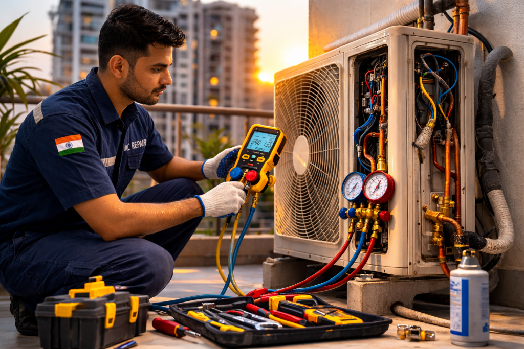 A professional Indian AC technician in blue uniform working on an outdoor compressor unit on a Gurgaon balcony, using pressure gauges for affordable AC repair service.