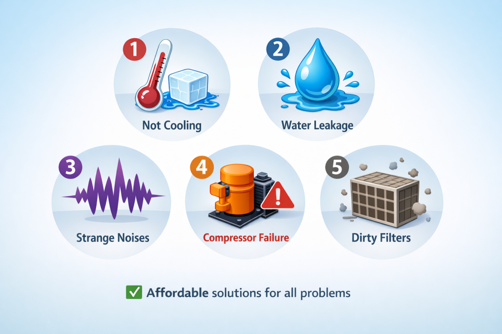 Infographic showing 5 common AC problems including not cooling, water leakage, strange noises, compressor failure, and dirty filters, with affordable repair solutions available in Gurgaon.